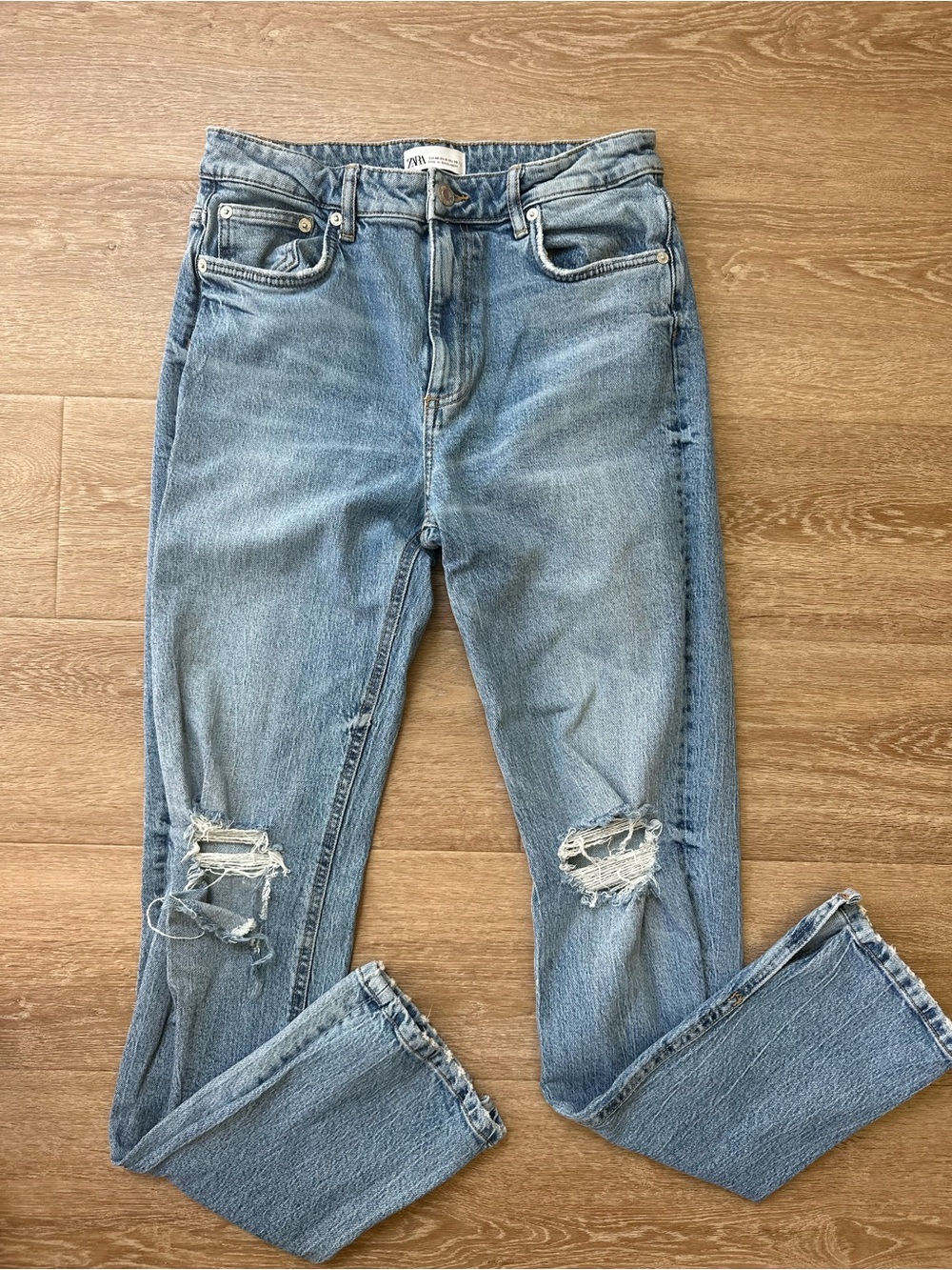 ZARA Light Blue Ripped Boyfriend Jeans